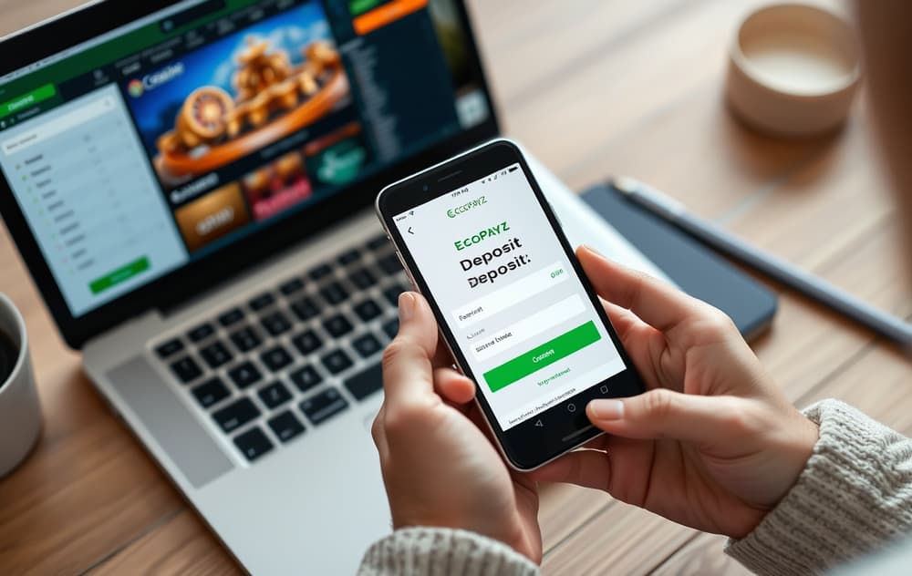 Person med mobiltelefon som viser Ecopayz-appen og et nettcasino på skjermen.