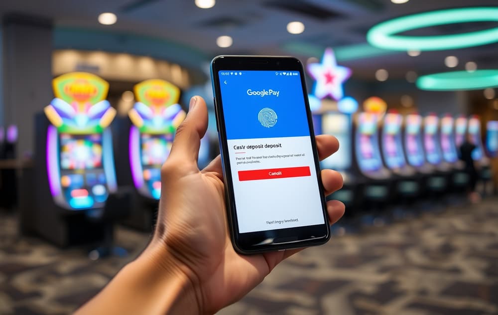 Person som betaler med Google Pay på et nettcasino via mobiltelefon.