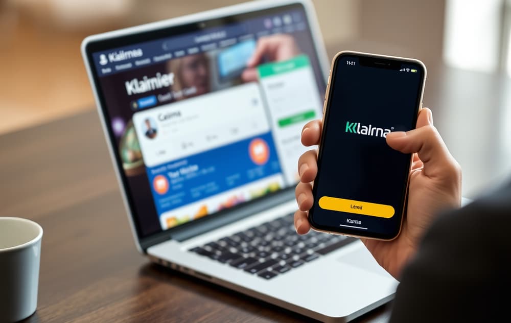 Person som betaler på nettcasino med Klarna via mobil og laptop.