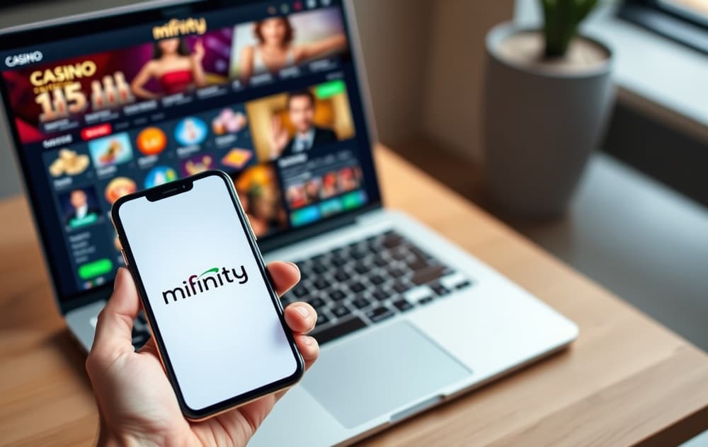 Smarttelefon med MiFinity-logo ved siden av en laptop med et nettcasino – viser hvordan betalingsmetoden fungerer på mobil og PC.