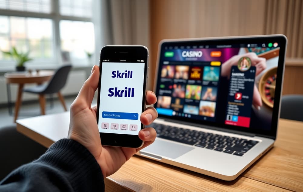 Hånd som holder telefon med Skrill-appen, ved siden av en laptop med et nettcasino på skjermen.