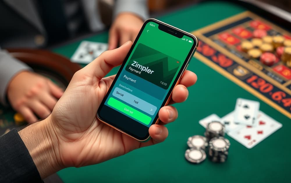 Person som betaler med Zimpler på mobilen, med casinoutstyr i bakgrunnen