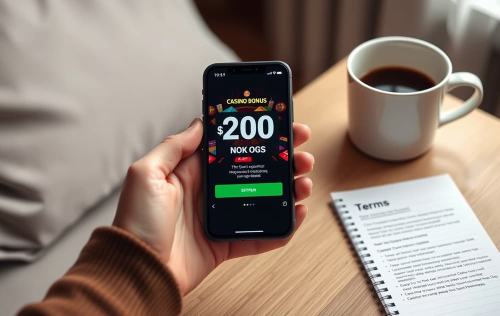 En person som holder en mobiltelefon med et tilbud om 200 kr gratis bonus, med notatblokk og kaffekopp på bordet