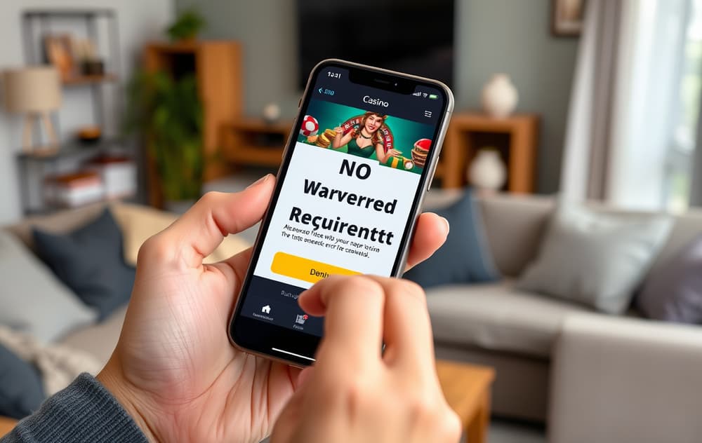 Person som holder en mobiltelefon med et casino uten omsetningskrav-tilbud på skjermen, i en stue.