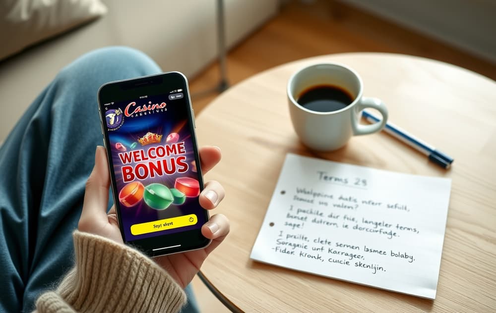 Norsk spiller med smarttelefon som viser velkomstbonus, kaffekopp og notatblokk med vilkår.