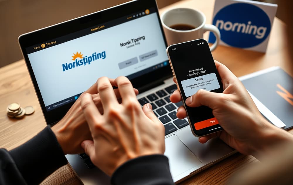 Hender på tastatur og mobil med ansvarlig spilling-grenser, kaffekopp, norsk kontekst