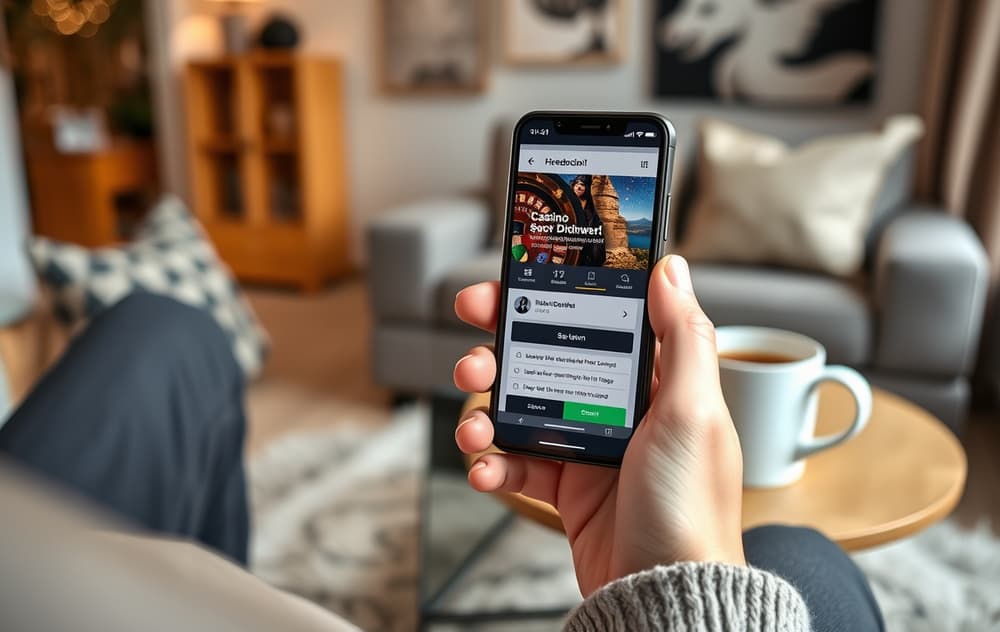 Person som holder en mobiltelefon med bekreftelse på uttak fra et nettcasino, i en norsk stue