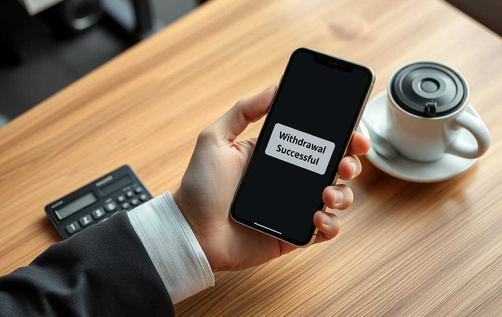 Person som tar ut gevinster fra casino på mobilen, med bekreftelse på skjermen.