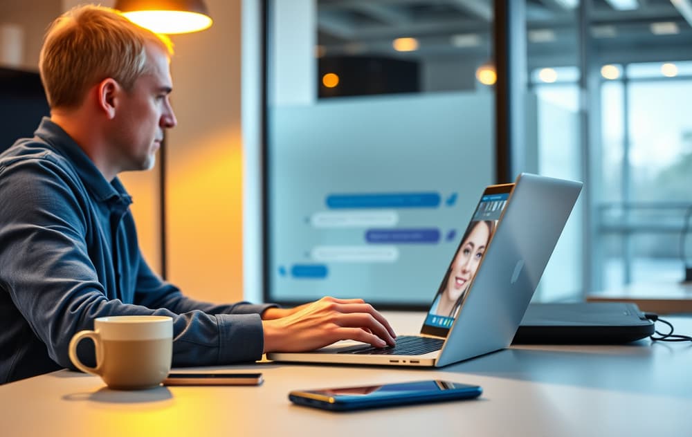 En person sitter ved et skrivebord og chatter med casino kundeservice på en laptop, med kaffekopp og mobiltelefon i nærheten