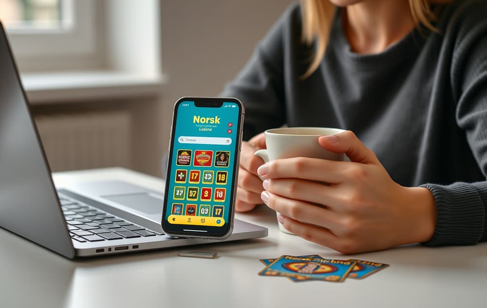 En person sitter ved et skrivebord med laptop, kaffekopp og mobiltelefon som viser en casino-app, ved siden av en Norsk Tipping skrapelodd.