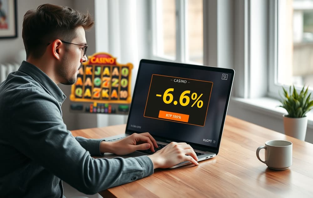 Person som sjekker RTP-prosenten på et nettcasino-spill på en bærbar PC, med kaffekopp på bordet.