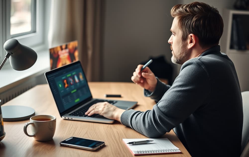 En person sitter ved et hjemmekontor og leser vilkår på en bærbar PC, med kaffekopp og notatblokk på bordet.