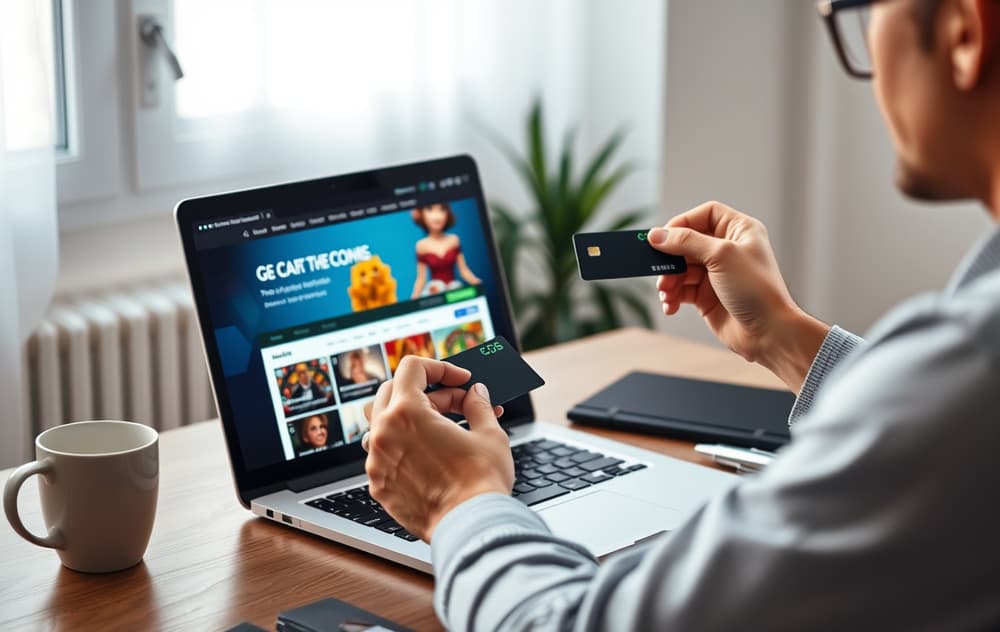 Person som sammenligner casinoer på laptop med kredittkort og notatbok