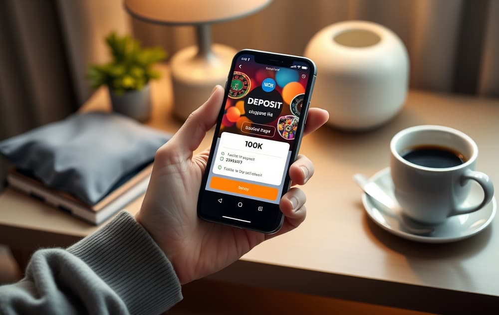 En person holder en mobiltelefon med innskuddsskjerm på et casino, 100 NOK synlig.