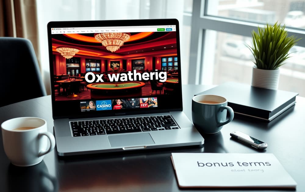 Moderne skrivebord med laptop som viser casinolobby med '0x wagering' fremhevet