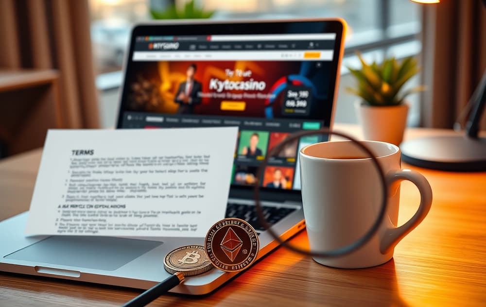 Desk med laptop som viser et kryptocasino, mynter og forstørrelsesglass over vilkår