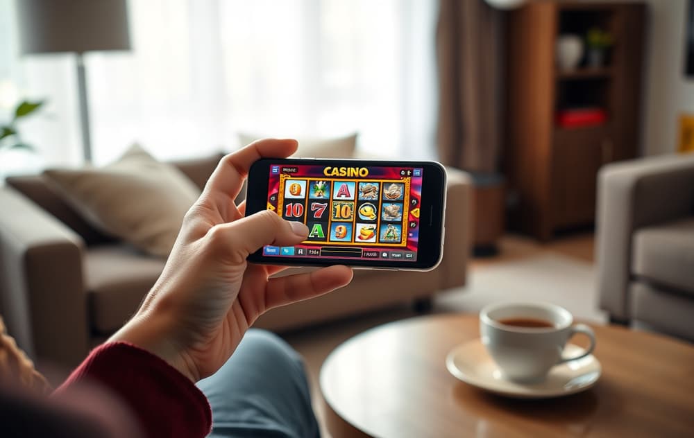 Person som spiller på mobilcasino i stuen