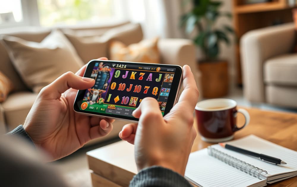 En person som spiller på et nettcasino på mobilen i en stue