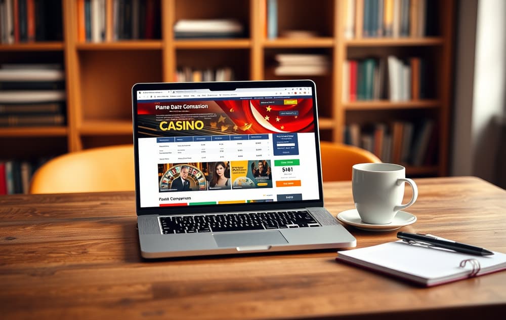 Skrivebord med laptop som viser en casino sammenligningsside, kaffekopp og notatblokk – redaksjonell stemning.