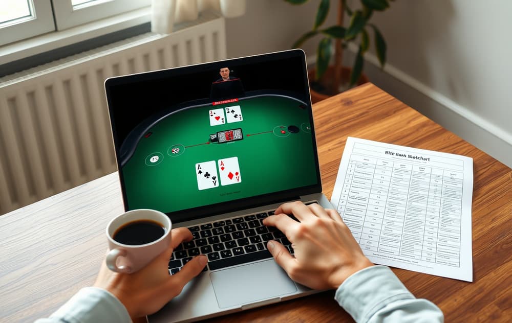 En person spiller blackjack på en bærbar PC med en utskrevet strategitabell foran seg, i et lyst hjemmemiljø.