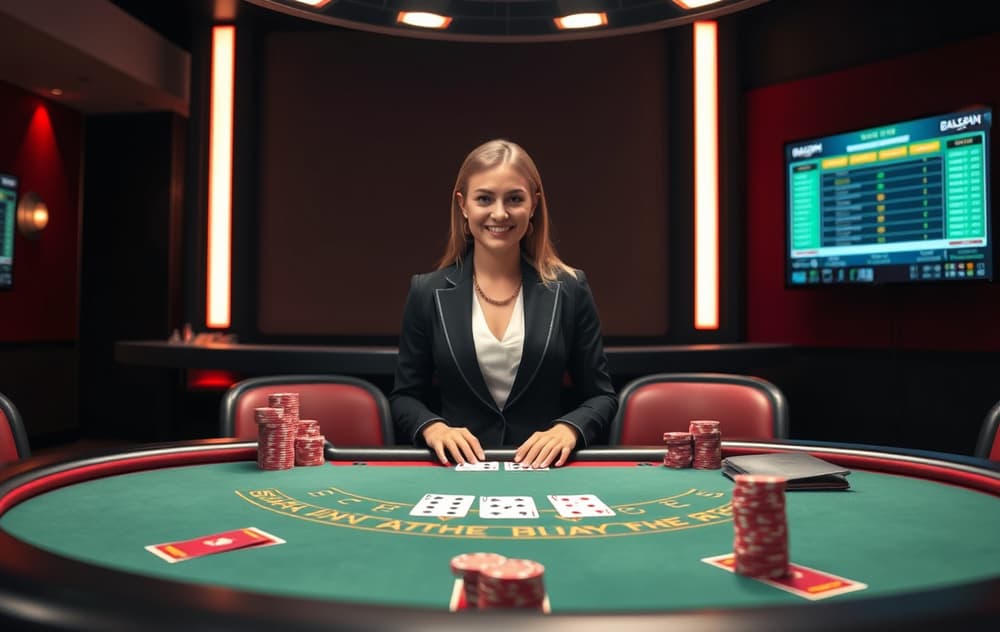 Live dealer blackjack-bord med dealer og spillkort på et norsk nettcasino.