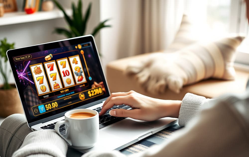 Person spiller gratis spilleautomater på laptop hjemme