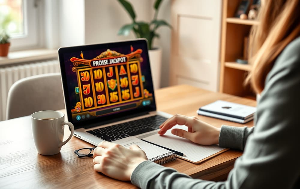 En person som analyserer et progressivt jackpot-spill på en bærbar PC i et hjemmekontor, med notater og kaffe.
