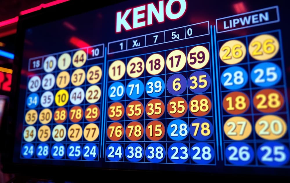 Digital Keno-trekning med uthevede vinnertall i gull og spillerens tall i blått